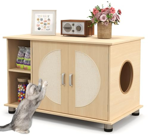 SOARS Katzenklo Schrank, Katzenschrank mit Tür & Katzenhöhle, Katzenhaus mit herausnehmbarer Trennwand & verstellbaren Metallfüßen, Beistelltisch mit großer Stauraum, 82 x 48 x 52cm, Boho Stil