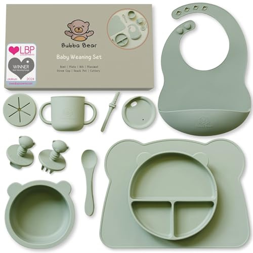 Bubba björn silikon baby porslinsset, halkfri barnservis set med sugkopp, 11 stycken BPA-fri matbestick-set med sked gaffel skål haklapp mugg drickkopp (salvia grön)