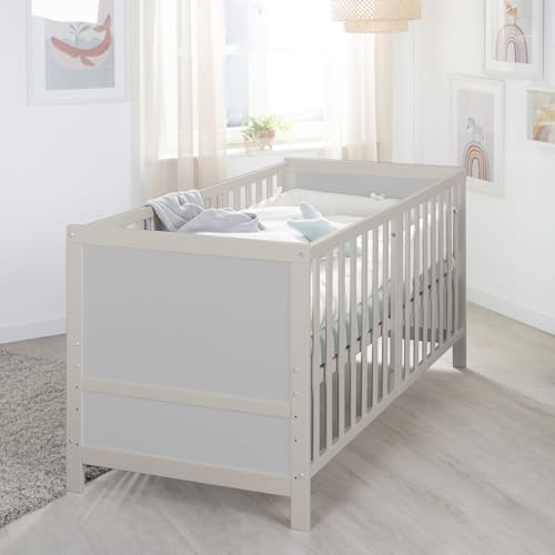 roba Babybett EASY SLEEP 70 x 140 cm inkl. Umbauecken - Mitwachsendes Gitterbett 3-fach höhenverstellbar - 3 Schlupfsprossen - Holz natur/grau