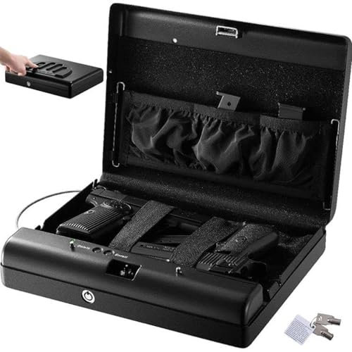 Car Gun Safe Box, Portable Biometric Fingerprint Gun Safes, Smart Handgun Safe Gun Box with Keypad Lock and 2 Keys, for Money/Gun/Pistol/Cash/Jewelry/Home/Car/Offices Security