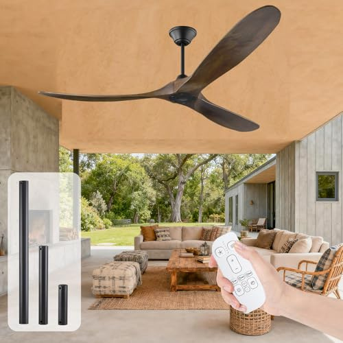 178 cm Ventilador de techo grande para exteriores de, estilo rústico de madera de 3 aspas con control remoto de 6 velocidades, ventilador de techo rústico de alto CFM para patios, cenadores, garajes