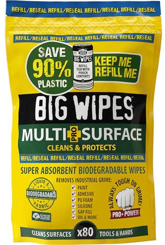 Big Wipes Industrietücher für verschiedene Oberflächen, Nachfüllbeutel, 80 Tücher Verwenden Sie 90 % weniger Kunststoff, biologisch abbaubare Profi-Tücher, 4 biobasierte Lösungsmittel, hautfreundliche