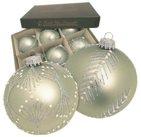 Krebs Glas Lauscha - Weihnachtsdekoration/Christbaumschmuck aus Glas - Kugel Floral - Farbe: Lindengrün Satin - Menge: 6 Stück - Größe: ca. 8 cm