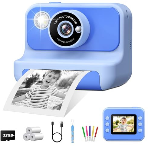 Sofortbildkamera Kinder,LETSHAHA 1080P 20MP Kinderkamera Sofortbildkamera mit 10X,2.4 Zoll Bildschirm Videokamera Schwarzweiß Gedrucktes Foto mit 3 Rollen Druckpapier & 32GB Karte, Geschenk Kinder