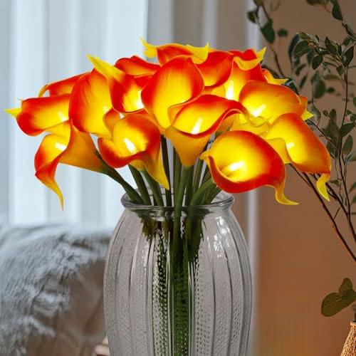 LED Lighted Artificial Flowers Calla Lily Bouquet Lamp 20 stems Real Touch Calla Faux Flower Lights for Valentine's Day Gift and Easter Home Kitchen Wedding Dining Table Decor(Orange, No Vase)