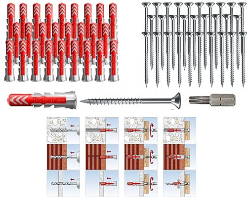 Fischer DUOPOWER Tasselli con viti e bit, tasselli universali, potenti tasselli 2K, per il fissaggio su cemento, mattoni, pietra, cartongesso (5 x 25 mm + 4 x 35 mm, 100 pezzi)