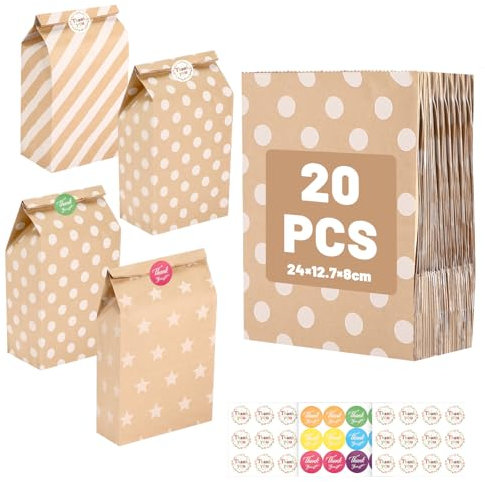 Ledebouk 20 Pièces Sac en Papier Kraft, Sachet Bonbons Anniversaire Colorés Sac Papier Cadeau avec 36 Autocollants Petit Cadeau pour Célébrations de Fête, Mariage, Anniversaire, Noël