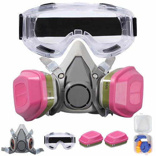 Half Facepiece Respirator Mask, Reusable Chemicals Respirator, for painting, chemistry, organic fumes, welding, polishing， Full set + Glasses + filter cartridge + Earplug