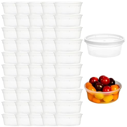 YOYEAH 50 Stück Kunststoffbehälter mit Deckel - 330ml/8oz Wiederverwendbare Aufbewahrungsbecher für Lebensmittel, auslaufsichere Deli-Container (50 Sets - 8 oz)