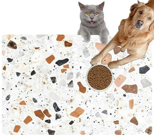 Pet Cat Dog Food Mat for Water Bowl Placemat for Sloppy Drinkers Terrazzo Brown White and Grey Pebbles Absorbent Rubber Back Feeding Mat for Floor Indoor 20x31in
