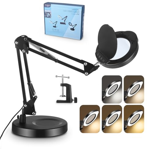 15X Lupe mit Licht und Ständer, 2-in-1 Lupenleuchte Lupe mit Sockel & Klemme, LED Lupenlampe Tisch mit 5 Farbmodi Dimmbar für Reparatur,Hobby Handwerk,Malerei Schließen Arbeit (Schwarz)