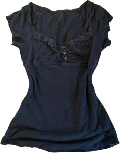 Coquette Rüschen-Tops Damen Niedliche Sommer Spitze Peplum Babydoll Top Teenager Mädchen Y2K Grunge 2000er Jahre Cottagecore Kleidung, Schwarz , S