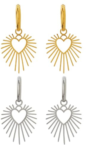 Hobbspring Lot de 2 paires de boucles d'oreilles à rabat en forme de cœur en or et argent 304 - Créoles rondes en acier inoxydable - Pour femmes, mères et épouses pour la fête des mères
