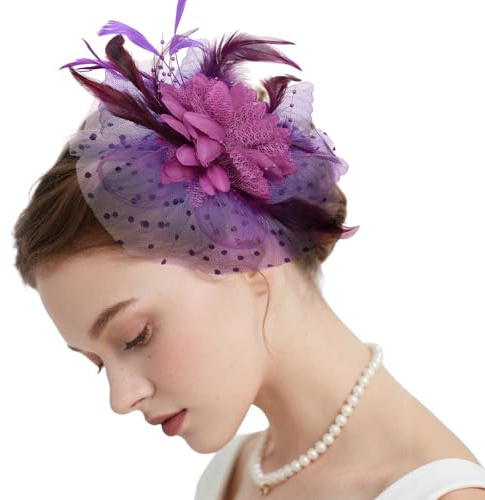 Viiotu Elegant Womens Wedding Fascinator Hat – Feather Mesh Flower Headpiece with Headband & Hair Clip, Stylish Bridal Party Tea Party Hat (Purple, OneSize)