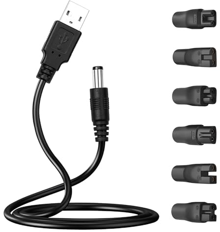 5V USB Cavo Cargador Afeitadore, Universal Cable USB a DC Kit de Adaptador Corriente, Cable de Carga para Afeitadora con 6 Adaptadores Compatible con Braun para Varios 5V Cortapelos/Depiladoras