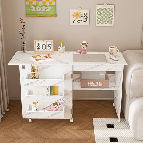 4-in-1 Faltbarer Nähtisch mit feststellbaren Rädern - Multifunktionaler Bastelstation, Beistelltisch, Computertisch & Küchenaufbewahrung mit verstellbaren Regalen, platzsparendes Design