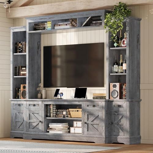 AMERLIFE 98 Farmhouse Wall Unit Entertainment Center with Bookshelves, Wine Cabinet, Fits 75 TVs, Large TV Stand with Power Outlets & Barn Door, Rustic Media Console for Living Room, Gray