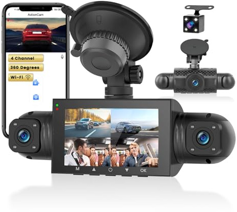 Inefala WiFi 4 Canali Dash Cam, 360 Gradi Tutto Intorno Telecamera Auto 1080P con G-Sensor, WDR, Visione Notturna, Monitor di Parcheggio, Registrazione in Loop