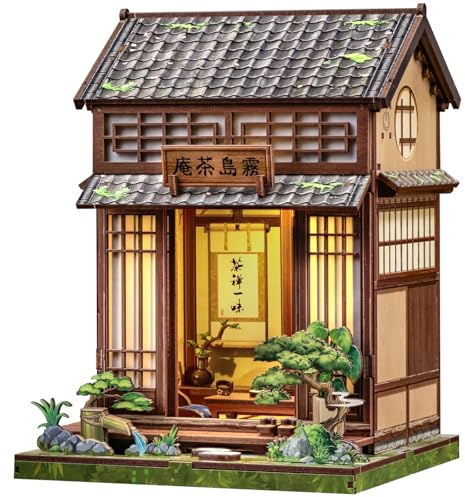 CUTEBEE Book Nook Kit - Dockhus för Vuxna,Avkopplande Japanskt Tehus,DIY Miniatyrhus med LED-belysning och Dockskåp,Bokhyllesdekoration,Gåvor(Kirishima Cha-an)