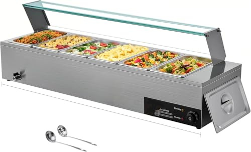 VEVOR Chauffe-Plat Électrique à Vapeur 1500 W, Buffet Chauffant en INOX, Bain-Marie avec 6 Bacs de 1/3, Couvercle en Verre et Louches à Soupe et Perforées, pour Servir Buffet en Libre-Service
