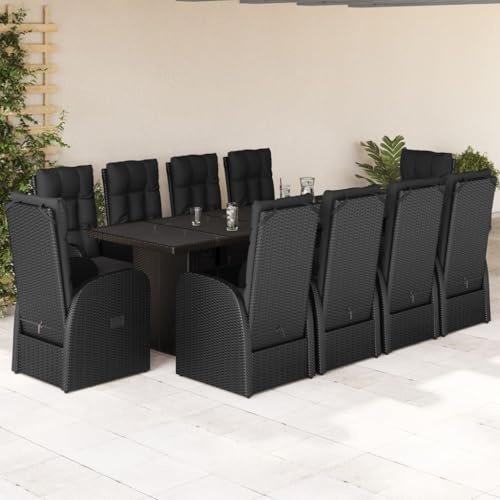 Teenpull 11-TLG. Garten Essgruppe mit Kissen, Schwarz, Poly Rattan, verstellbare Sessel, Hartglas Tischplatte, Outdoor Essmöbel Set für Terrasse Balkon, UV-beständig