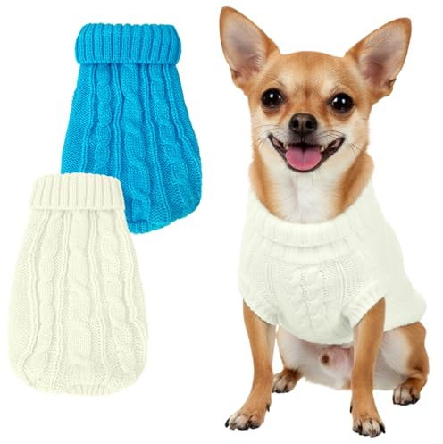 2Pcs Dog Sweater XS Dog Clothes for Small Dogs, Warm Turtleneck Knitted Chihuahua Clothe Sleeveless Kitten Clothes Puppy Sweater for Small Dogs Girl Yorkie Outfit Custume(Blue, White)