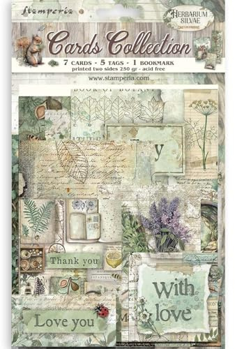 Stamperia - Cards Selection, Acid-Free, Printed on 2 Sides, Choice of Sizes and Designs, Perfect for Hobbies, Crafts, and Gifting (Herbarium Silvae) (7 Cards, 5 Tags, 1 Bookmark)