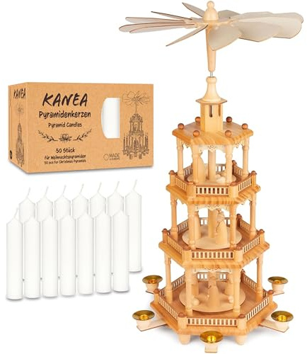 BRUBAKER Weihnachtspyramide aus Holz inkl. 50er Pack Pyramidenkerzen Weiß - 55 cm große Holzpyramide für Weihnachten - Tischpyramide Drehbar - 4 Etagen - Handbemalt