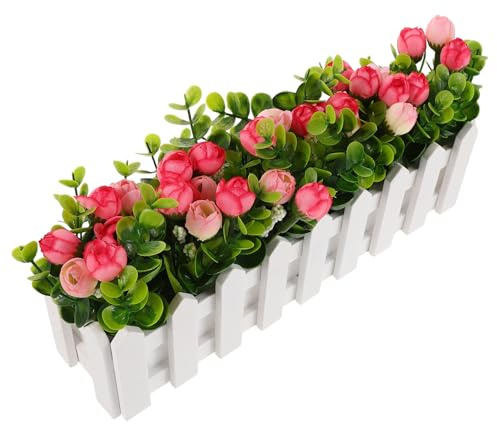 VICASKY Fleurs Artificielles en Pot avec Clôture 30 Cm – Plantes D'extérieur Réalistes en Eucalyptus et Fleurs Roses – Décoration Jardin, Balcon et Mariage sans Entretien
