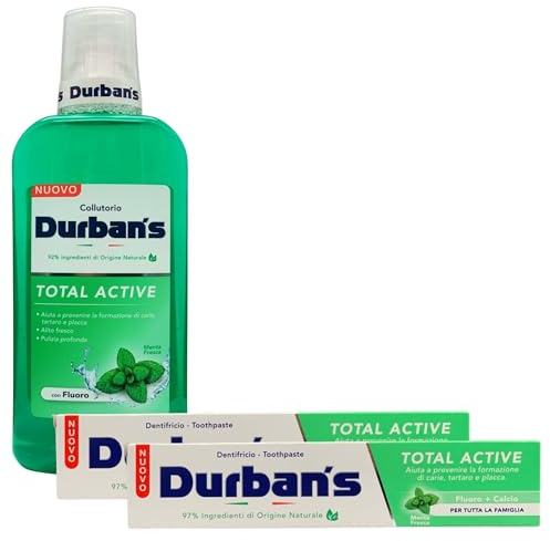 SET PER LA CURA DENTALE TOTAL ACTIVE, Gusto Menta Fresca: Collutorio Con Fluoro, Rinfresca L'Alito, Pulizia Profonda 500ml + 2x Dentifricio Con Fluoro e Calcio, Per Tutta La Famiglia 75ml