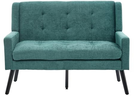 Koaris Kleines Zweisitzer Sofa im Mittelalter-Retro-Stil mit Button Tufting, hoher Rückenlehne und Massivholzbeinen, Leinenstoff in Grün für Wohnzimmer und Büro