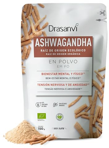 Drasanvi Ashwagandha en Polvo BIO 150 g | Adaptógeno Natural para Estrés y Ansiedad | Withania somnifera | Ginseng Indio Adaptógeno | Estrés, Ansiedad y Sueño | Vegano, Sin Gluten