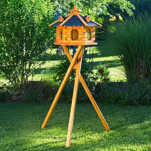 Deko-Shop-Hannusch Vogelhaus wahlweise mit Ständer und Solarbeleuchtung, Verschiedene Größen L - XXL und Dachfarben möglich, Futterhaus mit Futtersilo und wetterfestem Bitumendach, Holz, V16