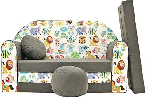 Pro Cosmo Un sofá Plegable para niños con función de Dormir con Colchón, Cojín y Puf Desenfundables - 98x168x59 cm - Ligero y Fácil de Plegar - A5 Gris - Animales de la Selva