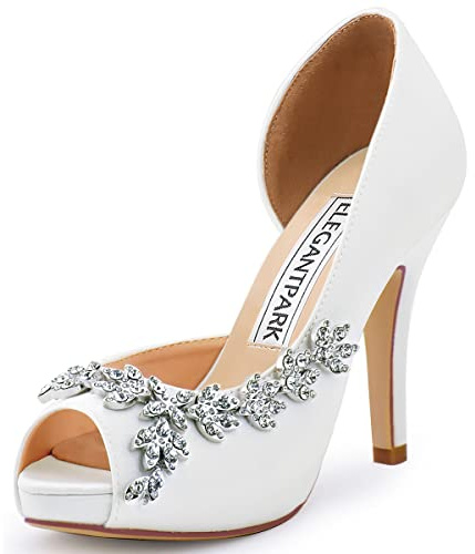 ELEGANTPARK HP1560IAC Wedding Shoes for Bride Peep Toe Wedding Heels for Women Rhinestones High Heel Pumps Satin Evening Party Dress Bridal Shoes White US 7