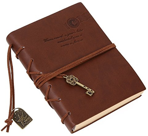 Kingdommax, diario, taccuino, quaderno a foglio mobili con copertina in pelle, stile vintage, pagine bianche e ciondolo a forma di chiave, idea regalo Brown