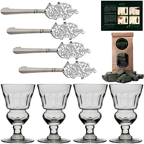 Absinthe Spoons Glasses Set by ALANDIA | 4X Reservoir Glasses | 4X Stainless Steel Spoons | 1x Sugar Cubes | 1x Instructions Card for The Absinthe Ritual