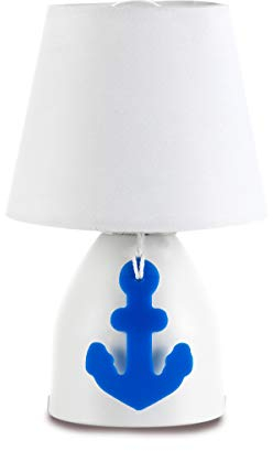 ONLI Lampada da Tavolo Base Metallo con Decorazione Ancora in plastica e Paralume in Tessuto 6 W, Bianco