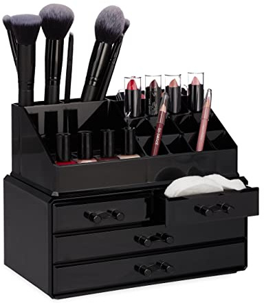 Relaxdays 1 x Make Up Organizer klein, 2-teilige Schmink Aufbewahrung Acryl, mit Lippenstifthalter und 4 Schubladen, schwarz