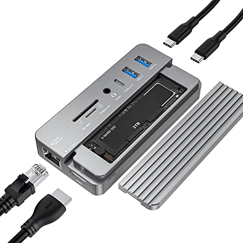 USB-C Hub mit Festplattengehäuse, 10 in 1 USB C Hub Adapter mit M.2 SSD externem Festplattengehäuse,4K HDMI,USB 3.0,SD/TF Kartenleser,100W PD kompatibel mit Laptop, Ipad (Grau)