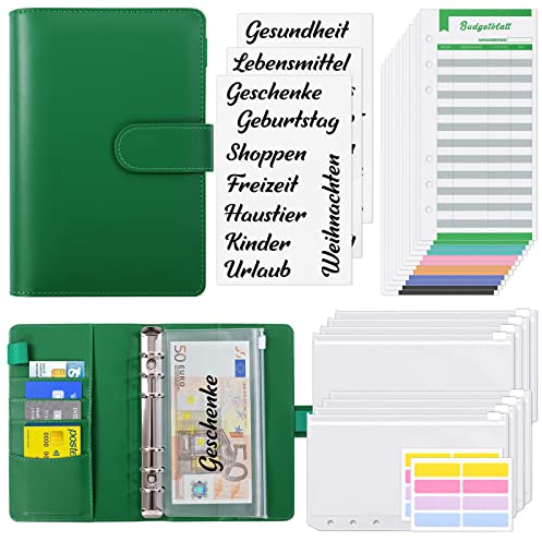 KONVINIT Budget Planner Budget Binder,A6 Budgetplaner Haushaltsbuch mit Geldfächer,Sparbuch mit Folien,Budget planner Deutsch mit Geldumschläge,Budgetbogen,grün