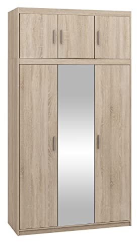 Mirjan24 Kleiderschrank Elena 3D, Drehtürenschrank, Farbauswahl, 3-türig Schrank, Weiß, Sonoma, Lefkas (Eiche Sonoma mit Spiegel und Aufsatz)