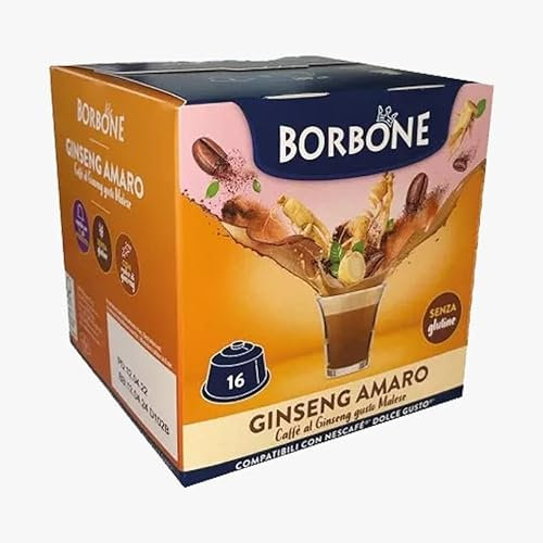 Lot de 64 capsules de café Borbone compatibles avec Nescafe Dolce Gusto Ginseng Amaro sans sucre et sans gluten