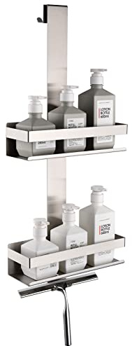 HomeHeng Duschregal zum Hängen,2-Store Duschablage zum Hängen | SUS304 Edelstahl Gebürstetes Nickel Doppelt Duschkorb mit Haken für Glas-Duschabtrennung, H30BN-2DH