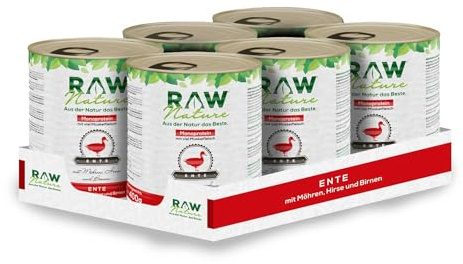 RAW Nature Ente Pur Hunde-Nassfutter – 6 x 800g, Hirse & Birne | Getreidefreies Alleinfuttermittel für Hunde mit Ente als Monoprotein, hohem Fleischanteil, Hirse und Birne