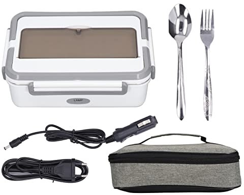 Fiambrera con calefacción eléctrica, 8 x 18,5 x 25,5 cm, 2 rejillas, portátil, Plug and Play, caja calentadora de alimentos a prueba de fugas con bolsa para cuchara y tenedor(EU)