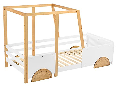 KecDuey 90x200cm Autobett, Jeep-Bett, Kinderbett mit MDF-Rädern,Hausbett mit Lattenrost, Rahmen aus Kiefer, Weiß + Natur