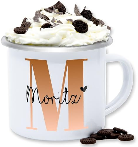 Emaille Tasse Blechtasse - Name und Buchstabe I Geschenk Anfangsbuchstabe - 300 ml - Weiß Silber - personalisierte tassen namensbecher buchstaben m teetasse buchstabentasse anpassbare initialen