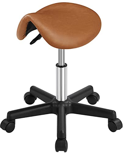 Yaheetech Taburete con Ruedas Silla de Trabajo Silla para Peluquería Masaje Bar Regulable en Altura Marrón Retro