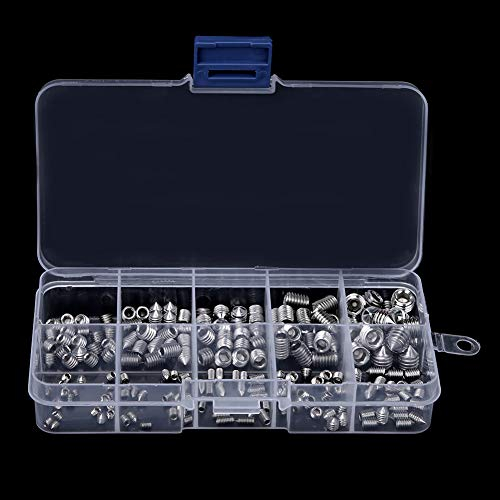 200-teiliges Gewindestift-Set aus Edelstahl Mit Innensechskant, M3/M4/M5/M6/M8-Schrauben-Kegelspitzen-Set Mit Kunststoff-Aufbewahrungsbox Für Genauigkeitsinstrumente